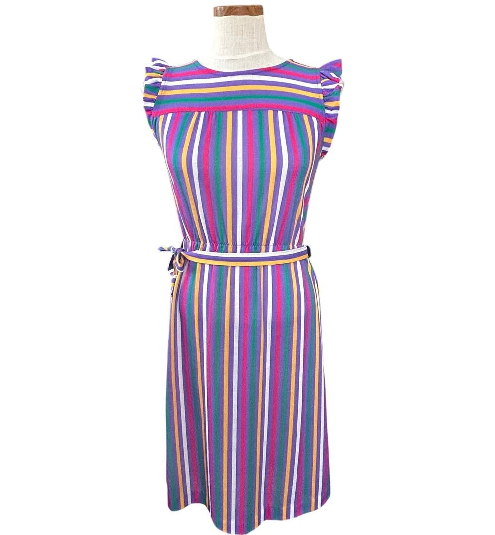 Vintage 70s iMi New York Multicolor Stripe Flutter Sleeve Midi Dress Sz S/M Belt - Picture 1 of 10